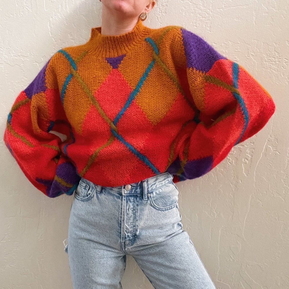 Vintage Oversized Mohair Multicolor Argyle Mock Neck Sweater